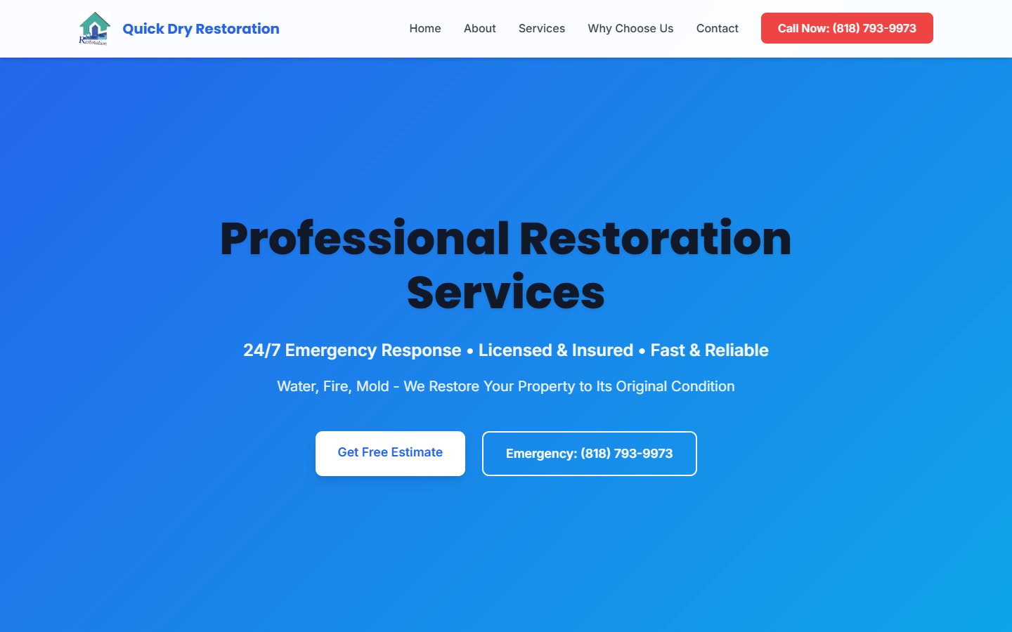 Quick Dry Restoration website homepage
