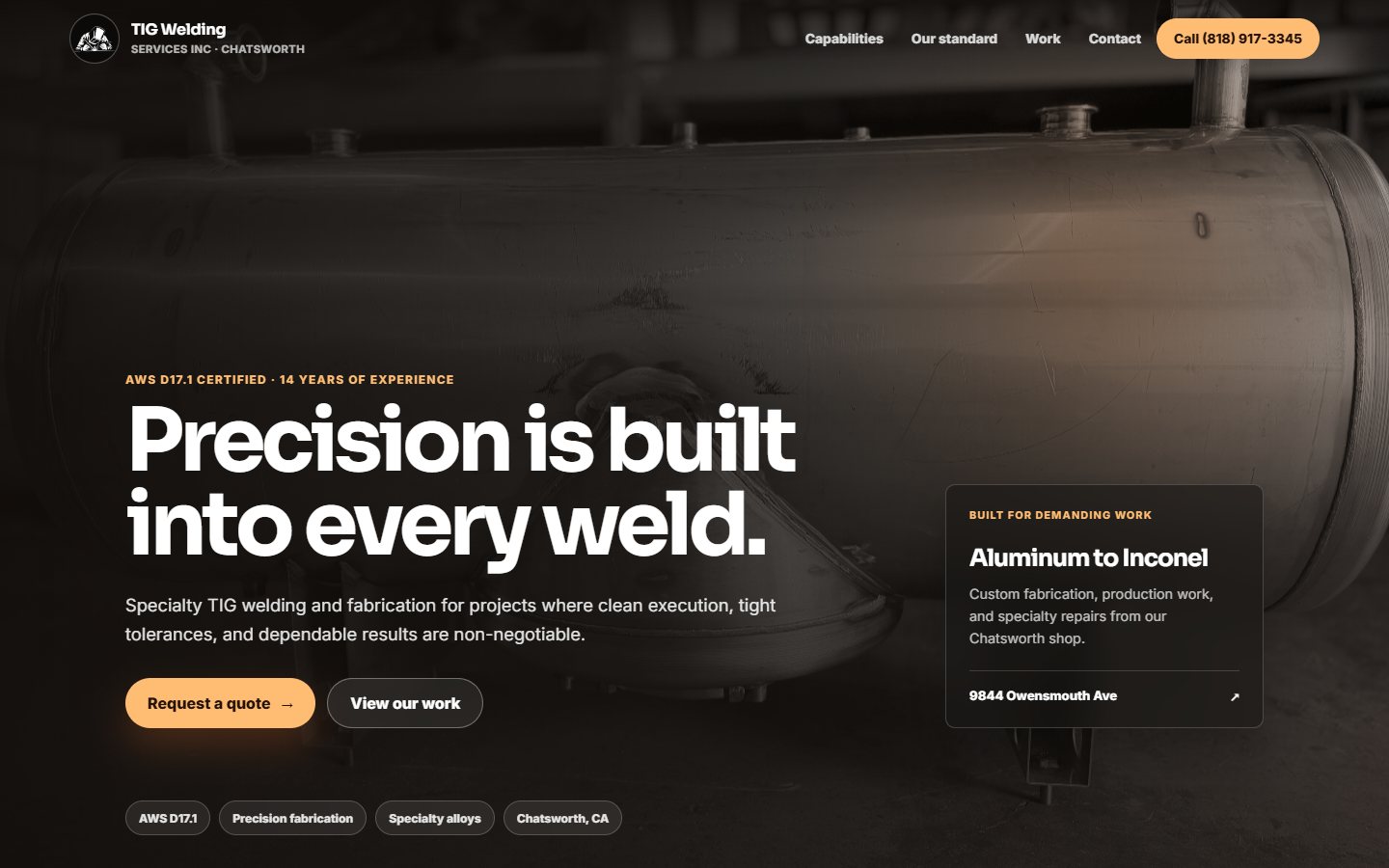 TIG Welding Services website homepage